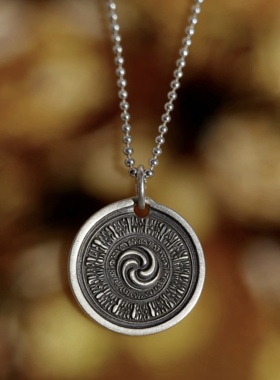 足银999复古纯手工圆形喜旋银饼吊坠男女情侣款项链