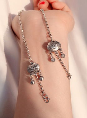 999足银复古项链 文艺平安锁古风搭配毛衣链吊坠 手工纯银配链