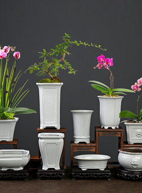 白色汝窑古典复古中式桌面兰花飘枝绿植手工洗墨专用高温陶瓷花盆