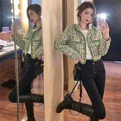 Real price green plaid jacket Hong Kong Style ins slim thin suit short style small suit