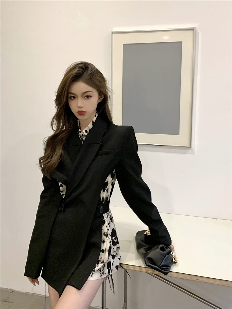 Real price autumn and winter wear black suit coat + leopard print foreign style long sleeve shirt