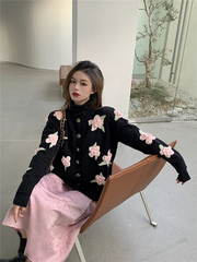 Real shot real price thickened high-end pink satin skirt + small fresh three-dimensional flower sweater coat