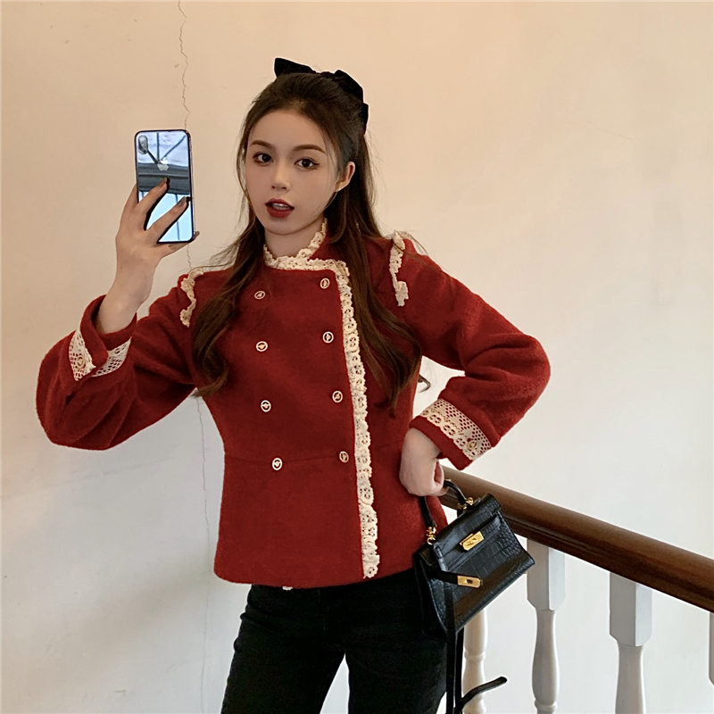 Real price red woolen coat women's slim back heavy lace short woolen top