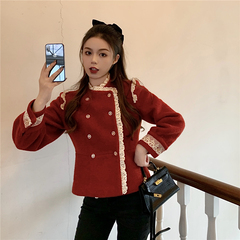 Real price red woolen coat women's slim back heavy lace short woolen top