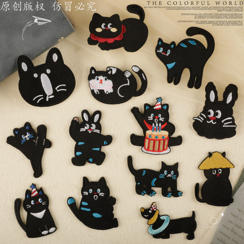 黑色猫咪卡通布贴儿童短袖补丁贴