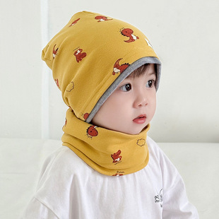 A类纯棉儿童帽子围脖2件套岁男女童保暖宝宝双层套头帽防风围巾