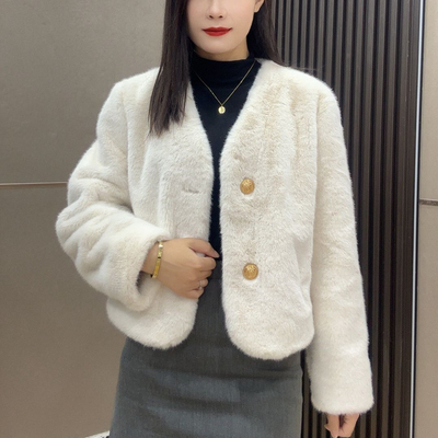 0431冬冬保暖皮毛一体水貂毛绒开衫小香风外套慵懒短款加厚上衣女