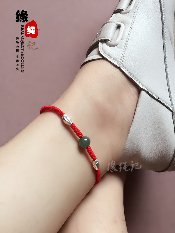 足银转运珠红绳脚链女本命年玉珠路路通红绳脚链925纯银脚绳送女