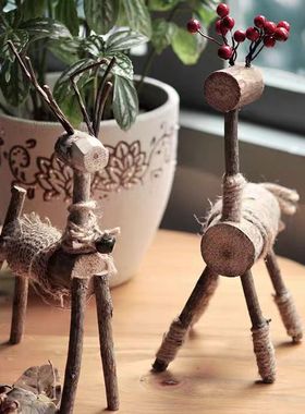 古朴风实木树枝情侣橱窗工艺品