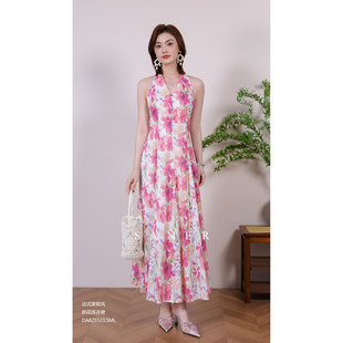 SANER正品2026夏季新款女装825523法式度假风碎花挂脖连衣长裙