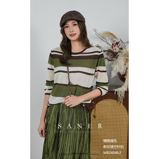 特价SANER正品2025新款824046秋冬女慵懒风圆领条纹镂空针织上衣