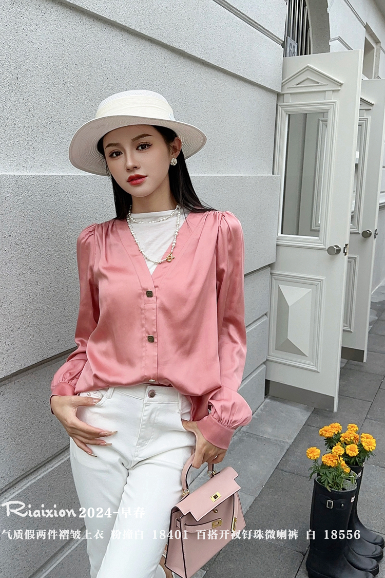 衬衫RIAIXION压褶拼接肩膀三粒扣