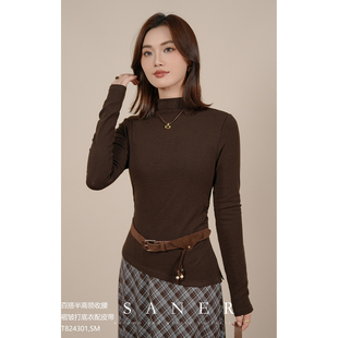 特价SANER正品2025秋冬新女装824301半高领收腰褶皱打底衣配皮带