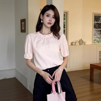 DI-SUI欧洲站2026春季新款女装35511宽松花朵亮片苎麻短袖小衫