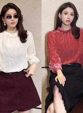 DI-SUI欧韩站2025秋冬新款女装38516丝绒款蕾丝花边领气质小衫