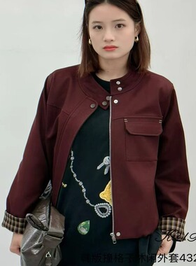 现货特价K319欧韩站2025新款女装秋冬43271拉链撞色格子夹克外套
