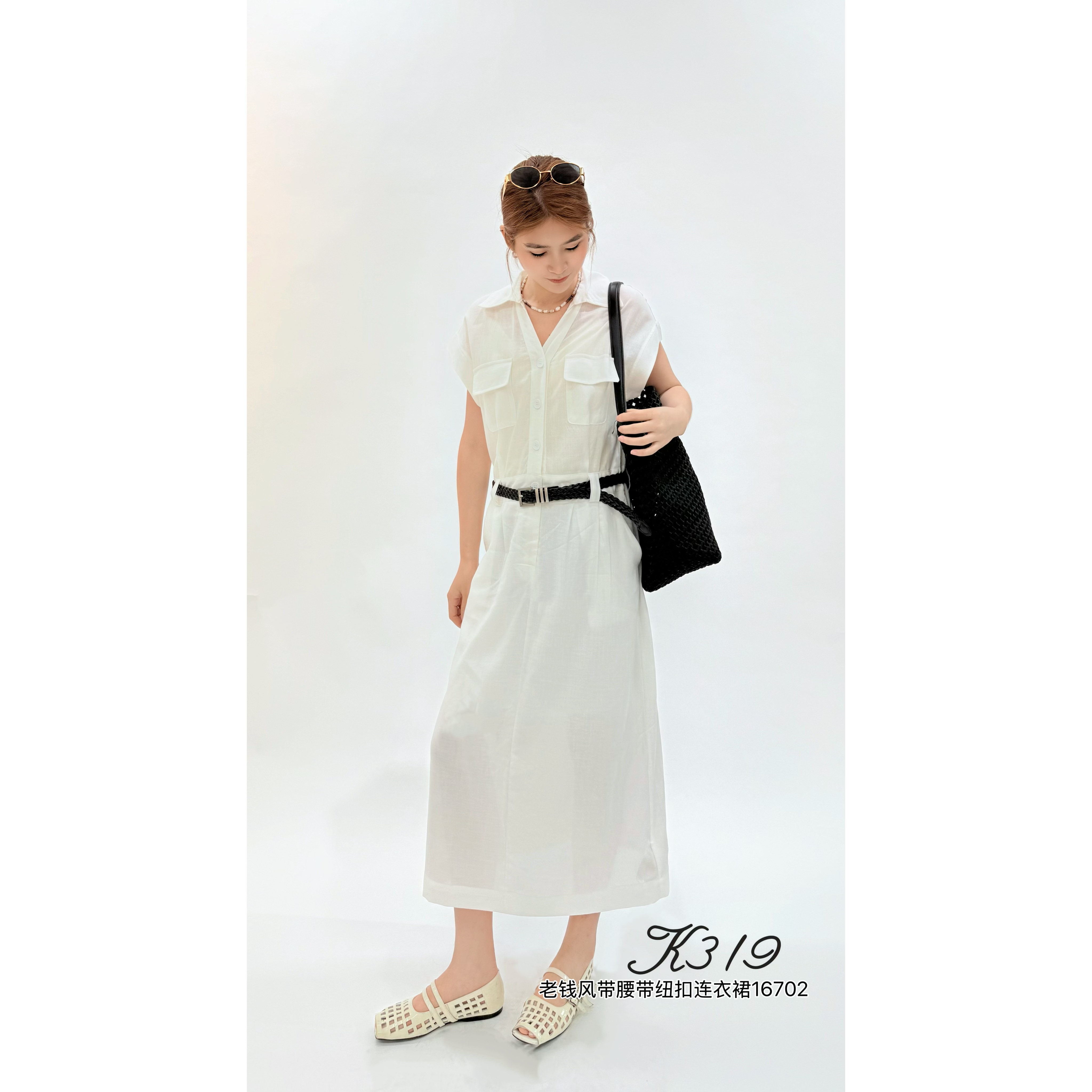 K319欧韩站2026新款女装夏季16702简约风不挑人腰带纽扣连衣裙