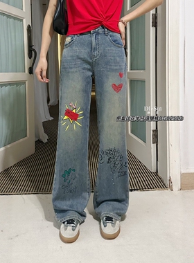 Z特价DI-SUI女装2025春季02523韩版宽松印花牛仔裤女高腰显瘦