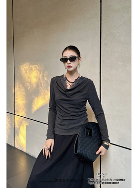 特价DI-SUI欧洲站2025秋冬新女装26013蕾丝拼接天丝荡领优雅小衫