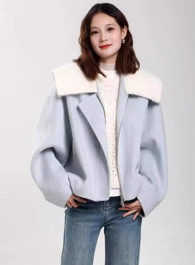 定制K319欧货2025秋冬女装60914大翻领宽松拼色拉链少女感短外套