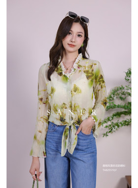 SANER正品2026夏季新款女装825510优雅风雪纺花扭结女人味衬衫