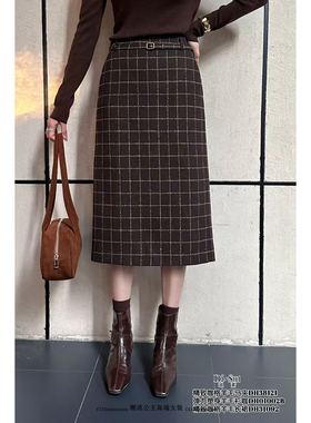 特价DI-SUI欧货2025秋冬女装31092百搭精致咖格A字半身长裙