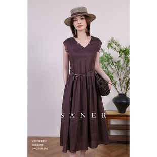 特价SANER正品2026夏季新款女装825549钉珠收腰亚麻长款V领连衣裙