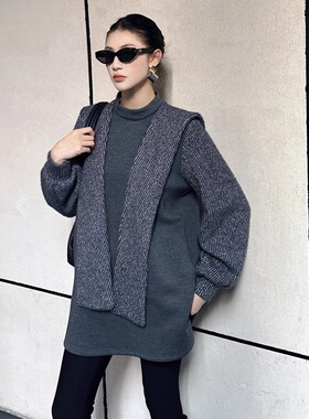 特价DI-SUI欧货2025秋冬新女装22529抓毛长款拼布披肩慵懒风卫衣