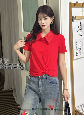 现货特价DI-SUI女装2025夏季新款38613韩版刺绣翻领扭结短袖T恤女
