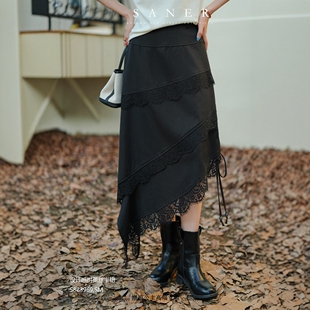 特价SANER欧洲站2025秋冬823969女装不规则蕾丝拼接长款半身裙