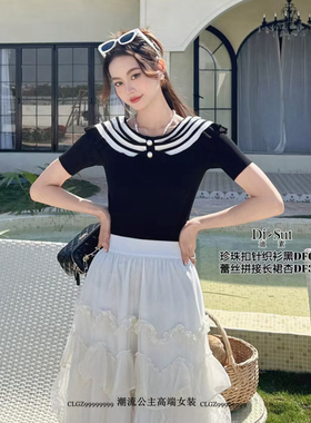 现货特价DI-SUI女装2025春季01018条纹拼色娃娃领针织衫短袖上衣