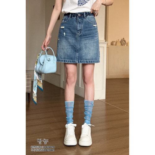 DI-SUI春季高腰洗水刺绣牛仔短裙