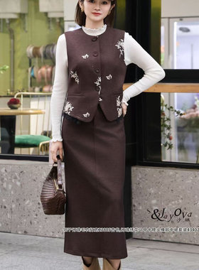 S Jayova秋冬欧韩站2025新款女装43402复古文艺范绣花马甲半身裙