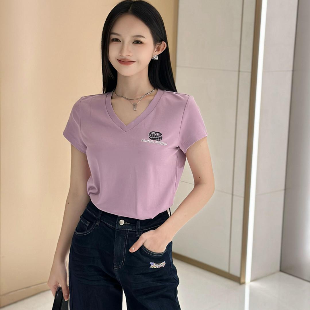 RIAIXION个性23947新款时尚V领短袖T恤女宽松上衣打底衫2025