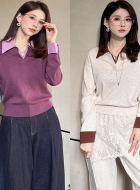 现货DI-SUI正品2025秋冬新款女装21012假两件拼色翻领舒适毛衣