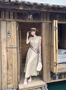 现货特价DI-SUI女装2025夏季33536法式复古丝巾装饰V领短袖连衣裙