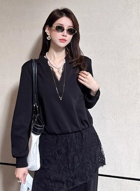 待DI-SUI欧韩站2025秋冬新款女装28002B小众优雅蕾丝拼接宽松小衫