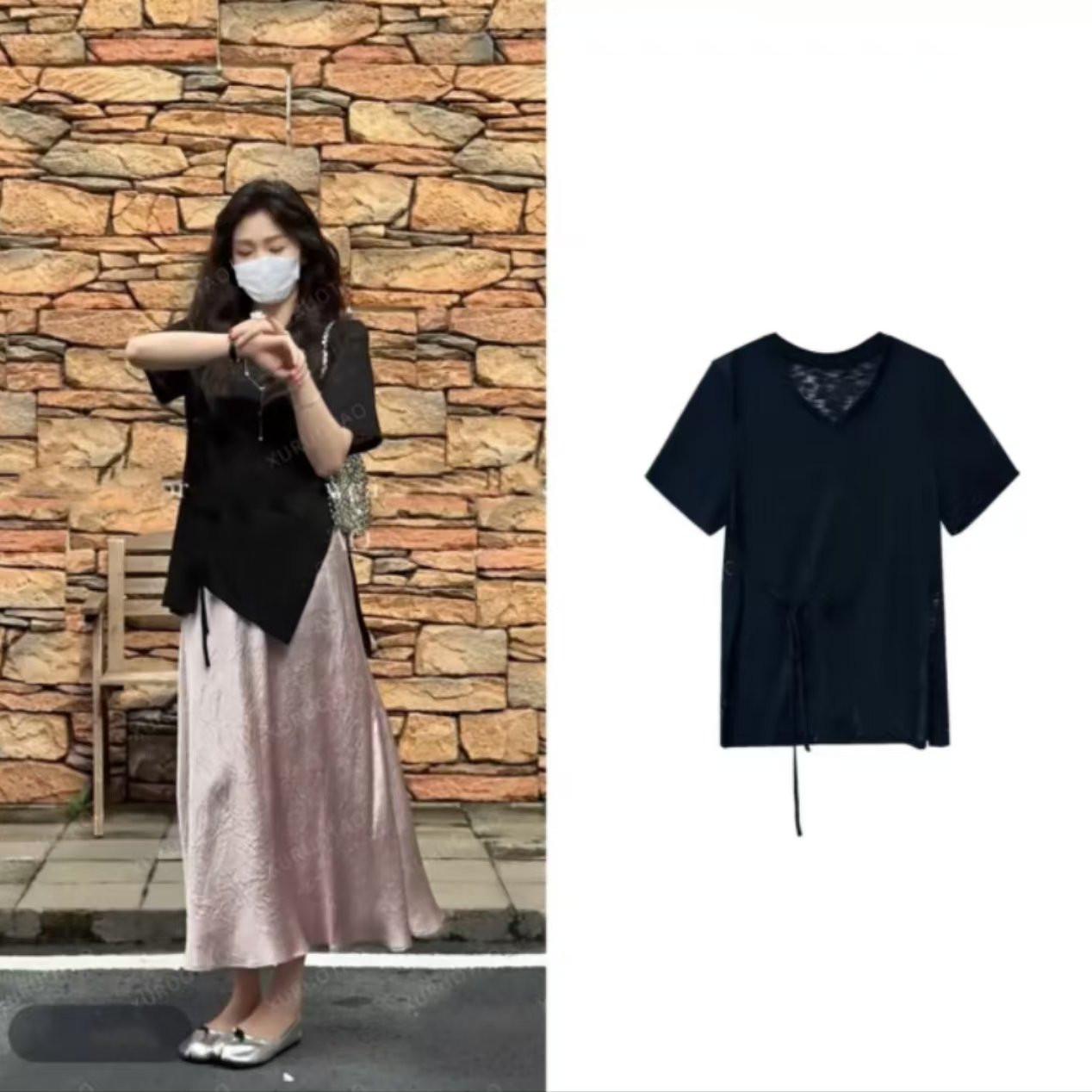 亚麻下摆不规则开叉设计收腰黑色上衣滑面设计感樱花粉半身裙