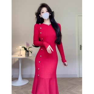 韩国chic法式 配大衣内搭打底鱼尾针织连衣裙女秋冬新款 小众毛衣裙