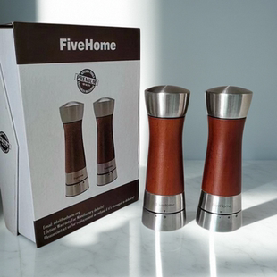 海盐磨胡椒磨香料磨2件装 美国FIVEHOEM木头家用手动黑胡椒研磨器