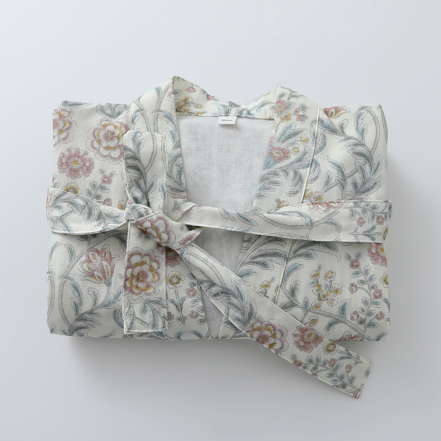 复古国风印花睡袍女士纯棉纱宽腰带7分袖一体开衫家居服吸汗浴袍