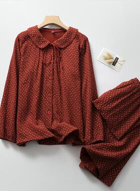 红色碎花娃娃领睡衣女生纯棉纱薄款蝴蝶结长袖长裤开衫家居睡眠服