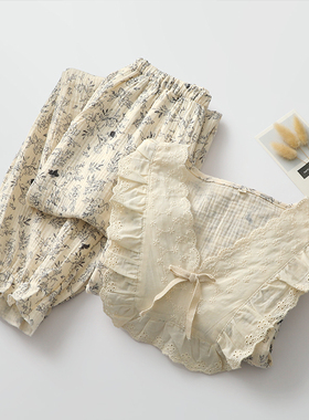 大蕾丝套头睡衣女水洗纯棉纱国风印花小兔长袖长裤春秋家居睡眠服