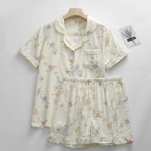 新款 米黄印花家居睡眠服套装 睡衣女棉纱薄款 短裤 短袖 2024夏季