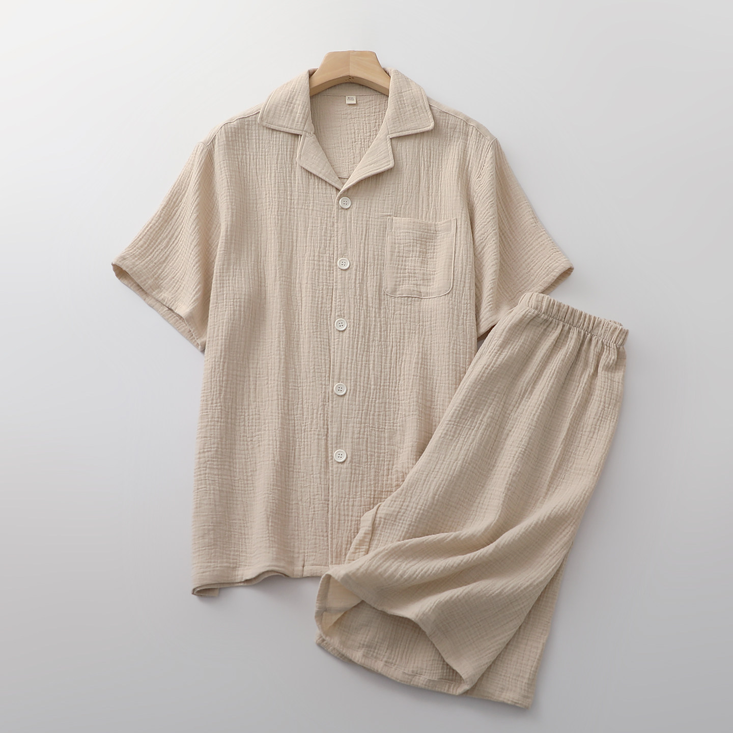无印风短袖短裤睡衣男士纯棉纱夏季薄款简约开衫家居睡眠服可外穿