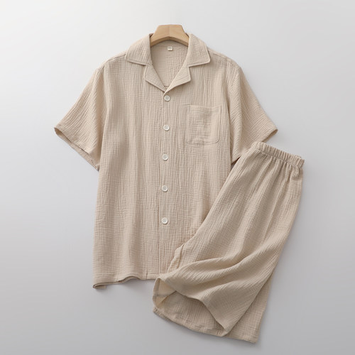 无印风短袖短裤睡衣男士纯棉纱夏季薄款简约开衫家居睡眠服可外穿