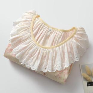 睡裙女生纯棉纱薄春夏家居睡眠服可外穿甜美印花 宫廷风大蕾丝长袖