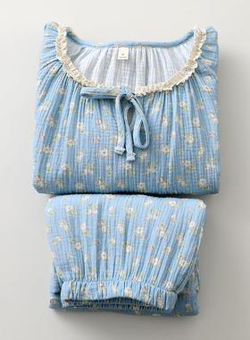 甜美蓝色碎花套头睡衣女纯棉纱细绳收口长袖长裤春夏家居睡眠服薄