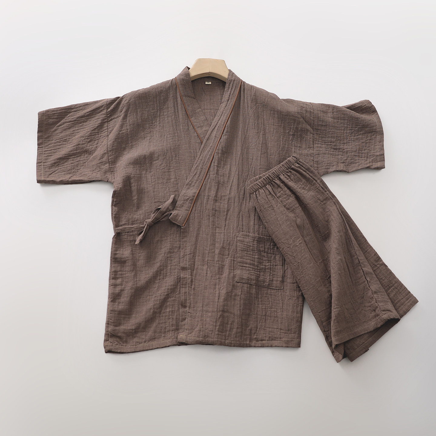 色织汉服短袖短裤睡衣男士纯棉纱薄款四季汗蒸服薄系绳家居服套装