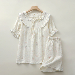 外穿 甜美木耳边夏季 睡衣女纯棉纱套头细绳短袖 短裤 家居睡眠服薄款